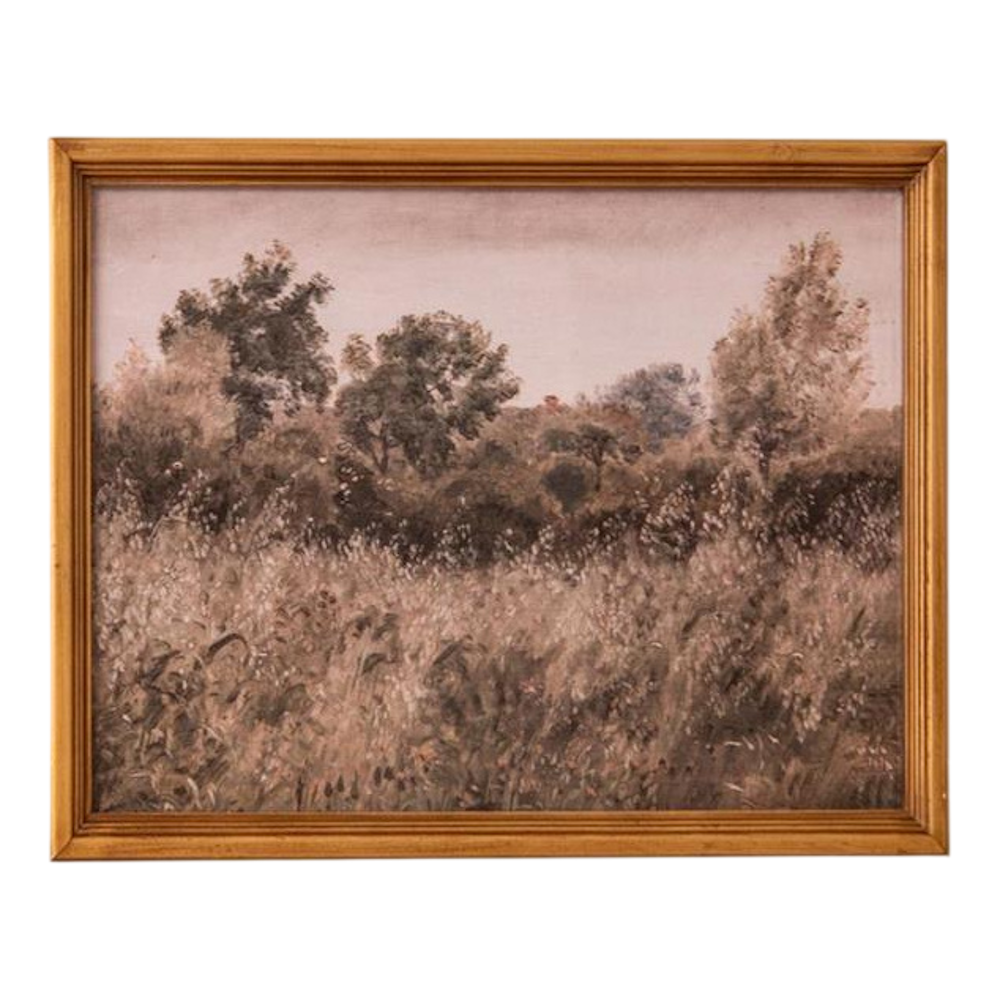 Vintage oil painting of a meadow and trees in an antique gold frame, muted landscape wall art in a rustic style.