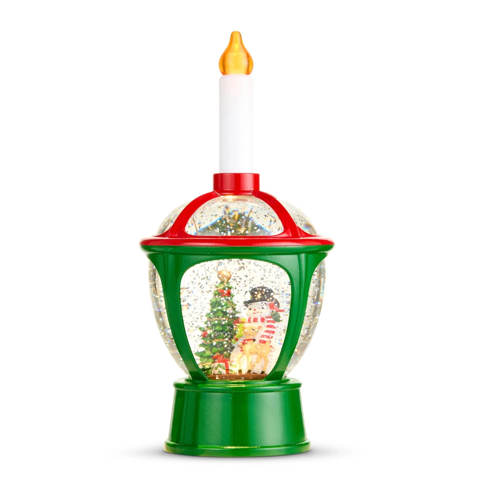 Lighted water bubble snow globe featuring a snowman, Christmas tree, and a candle on top.