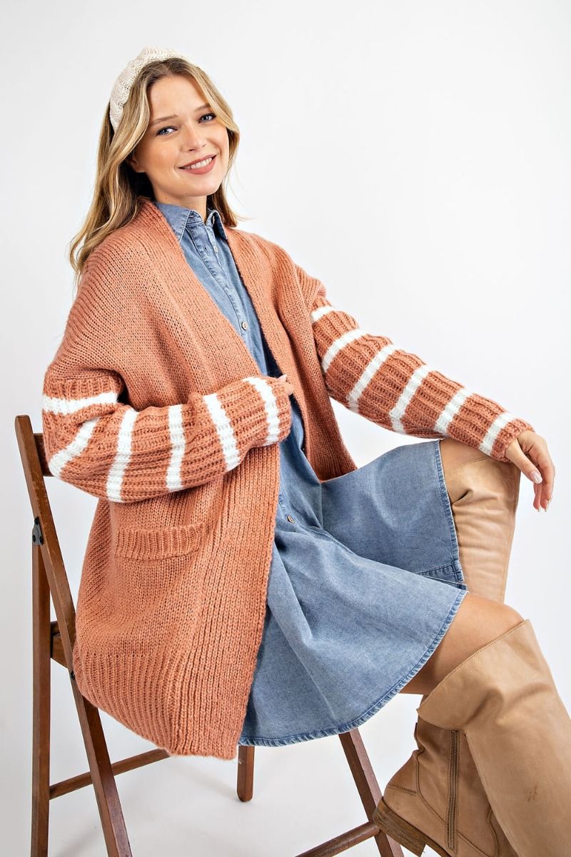 Striped Long Sleeve Knitted Cardigan-Terra Cotta — alternate view 4
