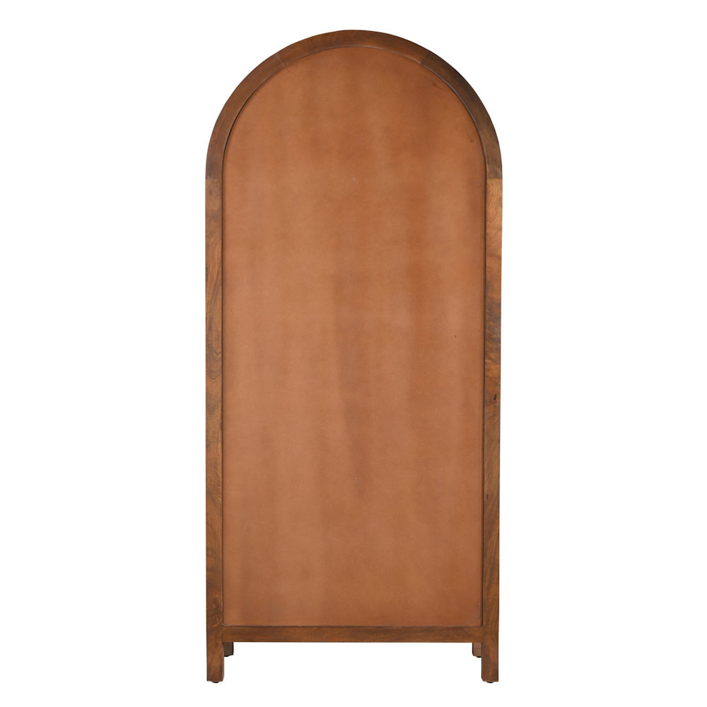 Back view of a tall arched floor mirror with a solid mango wood frame and protective MDF backing.