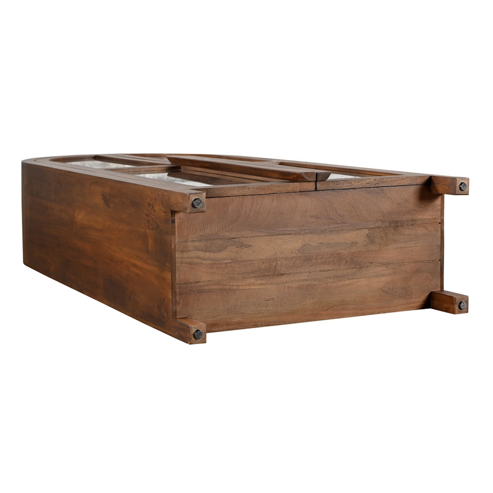 Rustic dark wood sideboard with glass cabinet doors, base view with sturdy legs on white background.