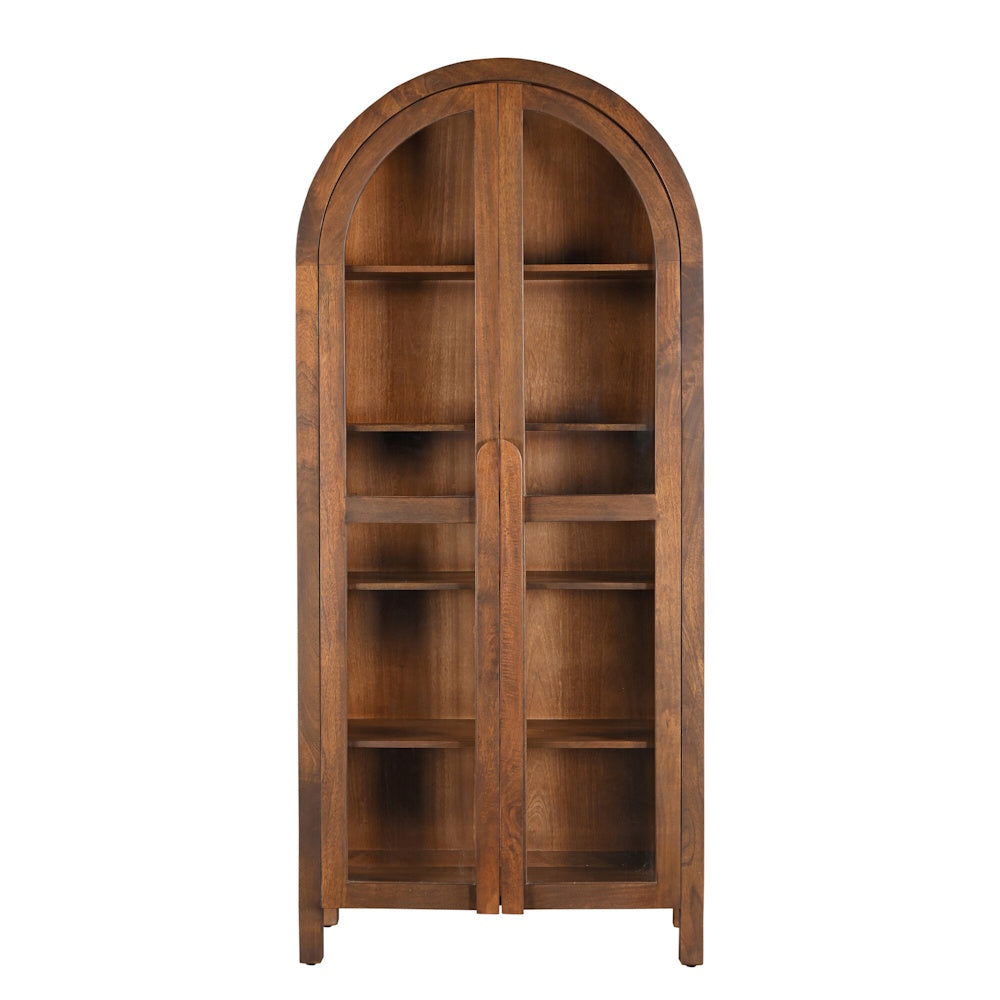 Arched dark wood display cabinet with glass doors and adjustable shelves, mid-century modern style.