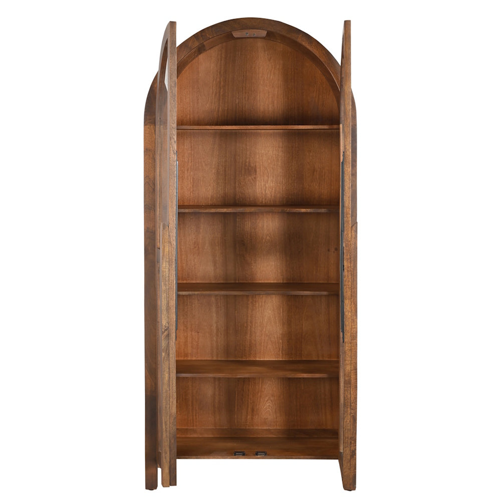 Arched wooden display cabinet with open doors and five interior shelves in a warm oak finish.