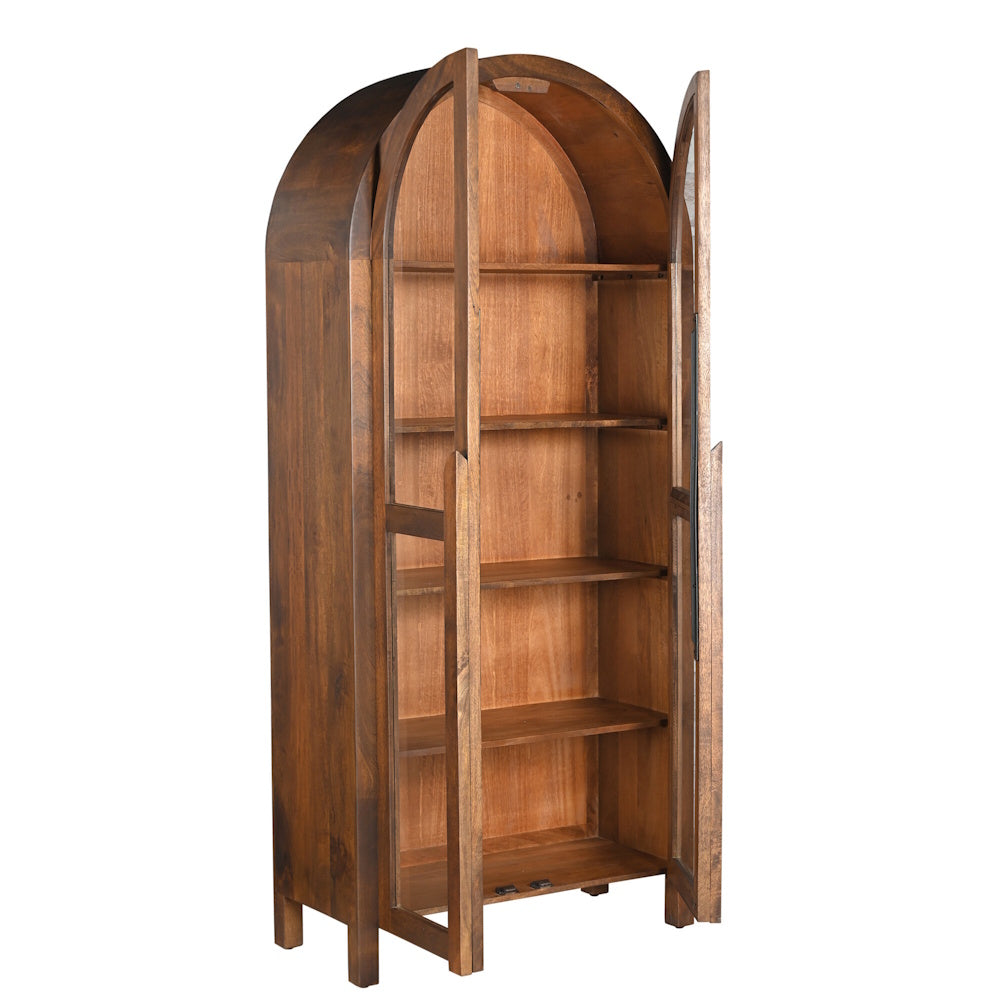 Arched dark wood display cabinet with glass doors and four interior shelves on a white background.