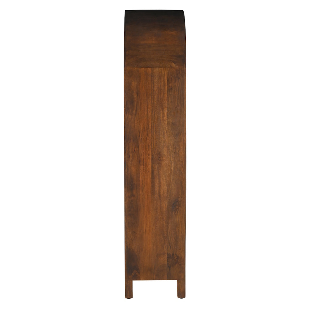 Narrow rustic solid wood bookcase with arched top and dark walnut finish.