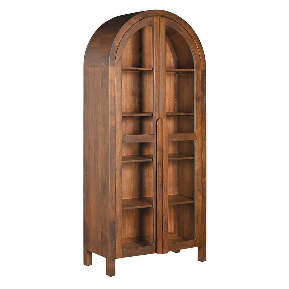 Arched dark wood display cabinet with glass doors and internal shelving for home storage and decor.