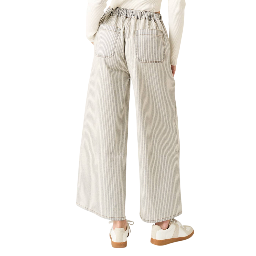 Back view of a person wearing striped wide-leg pants with an elastic waist and back pockets.