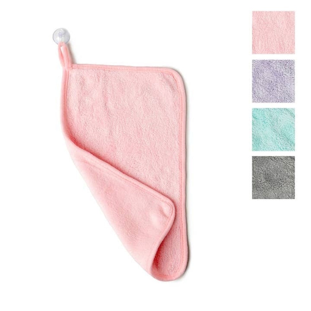Pink microfiber makeup remover towel with suction cup hook, shown in multiple colors: pink, purple, mint, and grey.