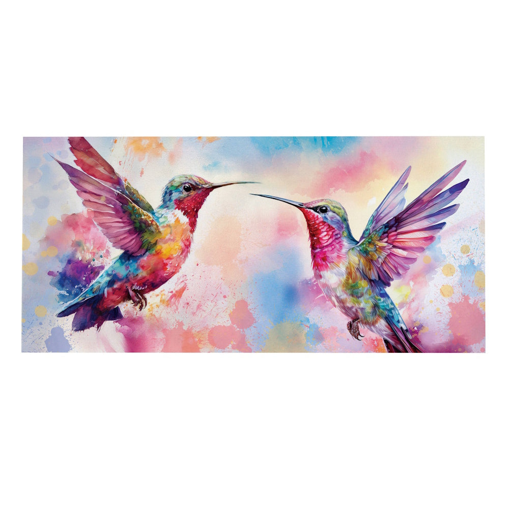 Vibrant watercolor painting of two colorful hummingbirds facing each other amidst bright pink and blue paint splashes.