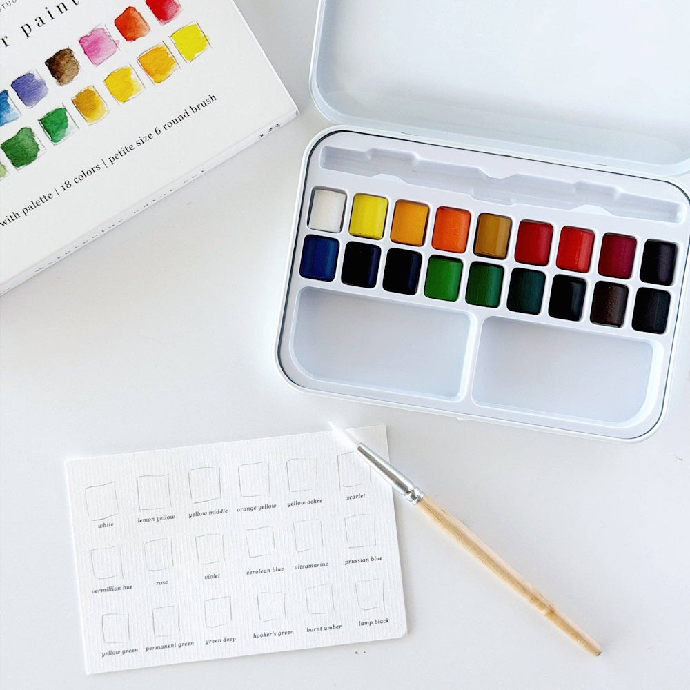 Open metal watercolor tin displayed alongside its outer cover box, a size 6 round brush, and an unpainted color swatch card.