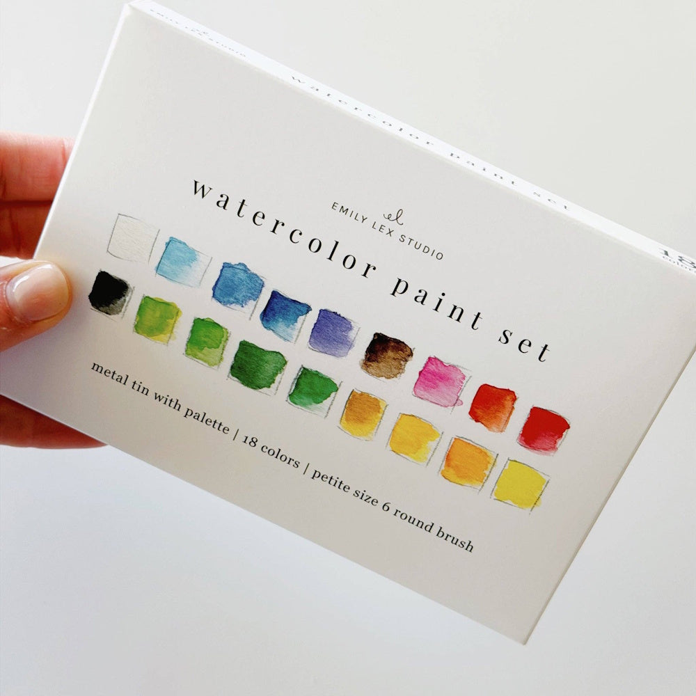 Hand holding the packaged box for the Emily Lex Studio watercolor paint set.