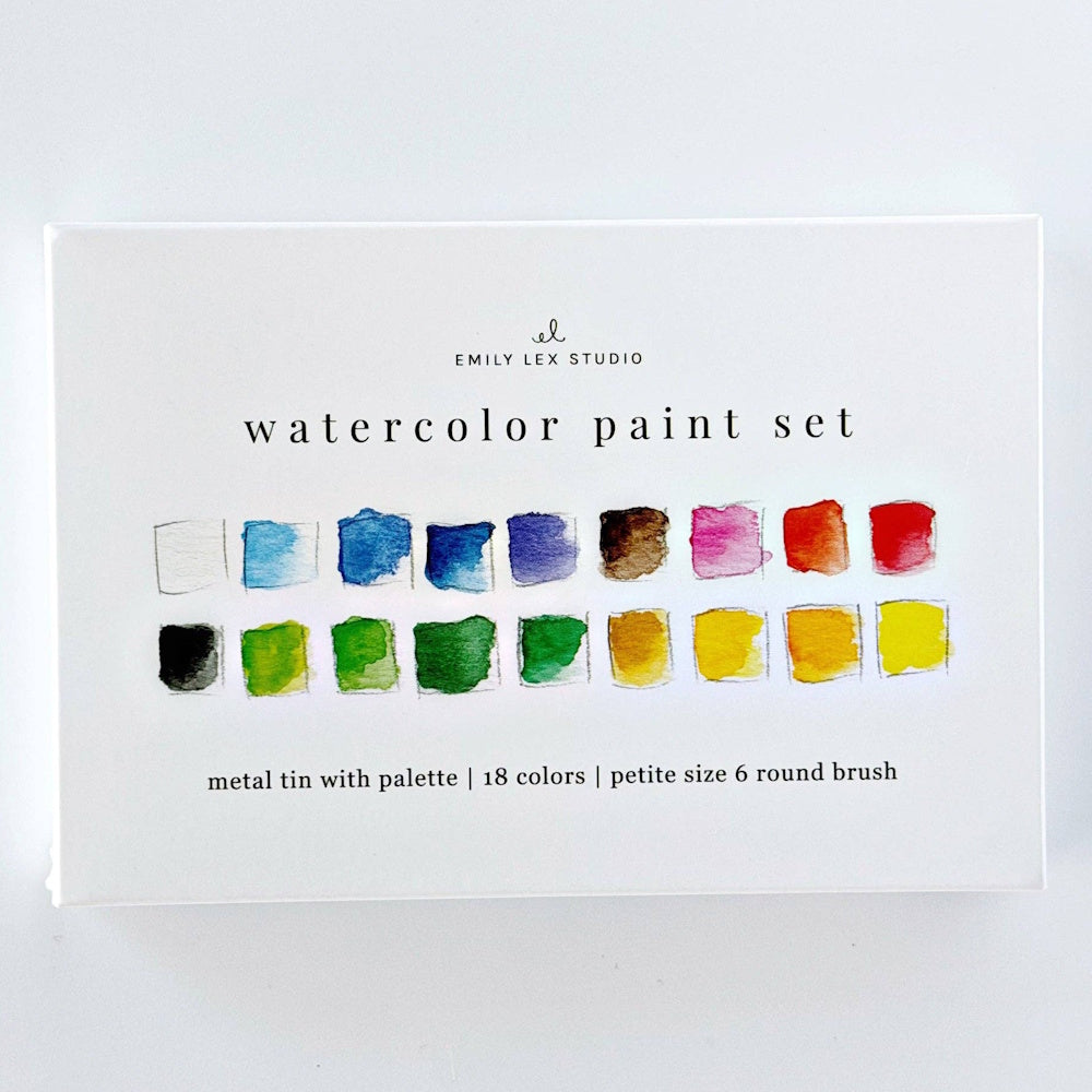 Front view of the white outer packaging box for the Emily Lex Studio watercolor paint set, featuring printed color swatches and set details.