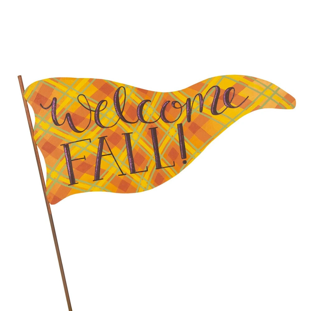 Orange and yellow plaid pennant yard flag featuring hand-lettered Welcome Fall text on a metal stake.