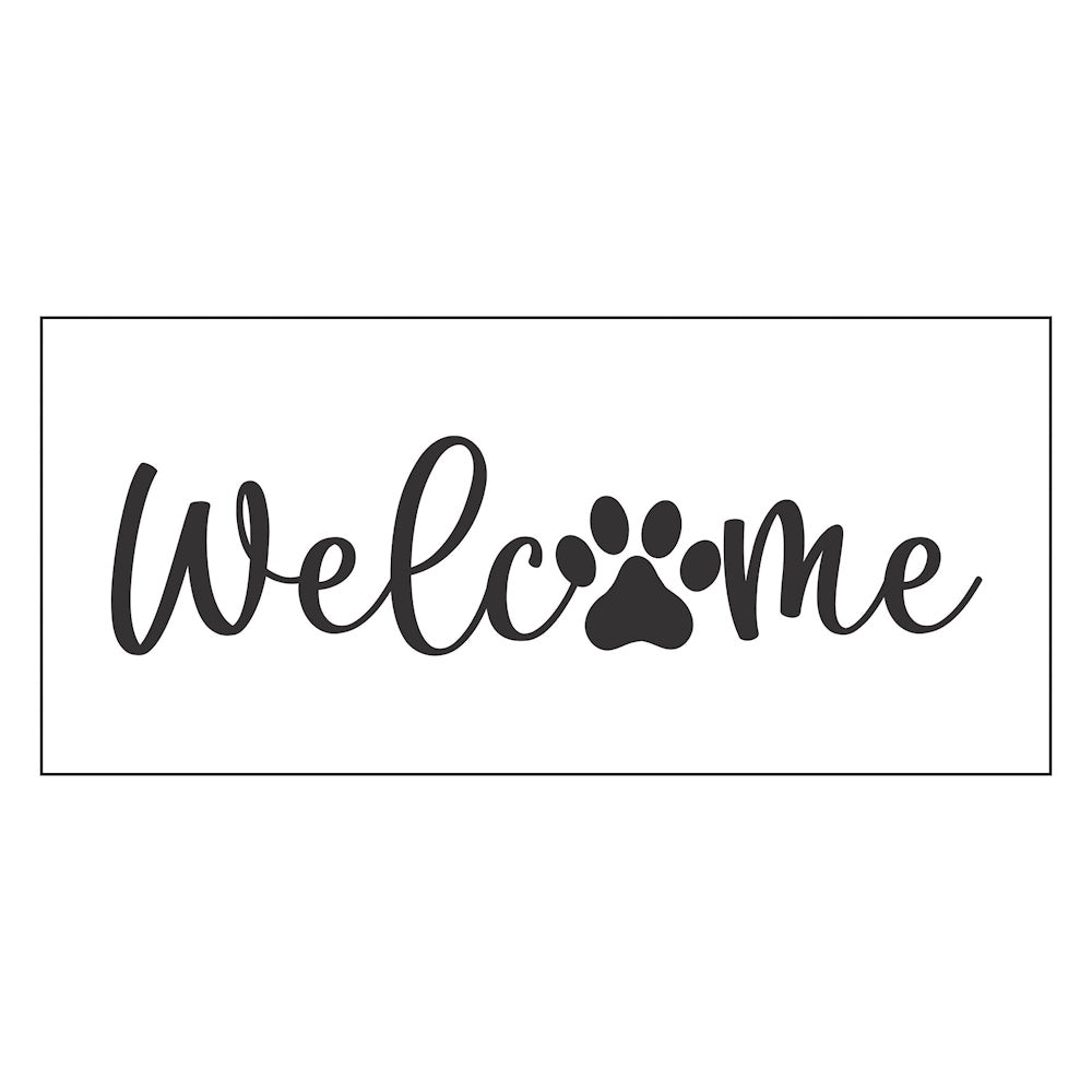 Black script "Welcome" text on a white doormat insert, featuring a small paw print icon replacing the letter O.