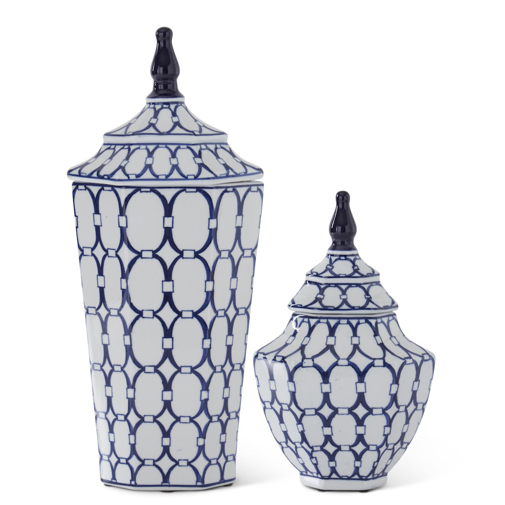 Large White & Blue Oval Print Ornate Porcelain Lidded Container — alternate view 2