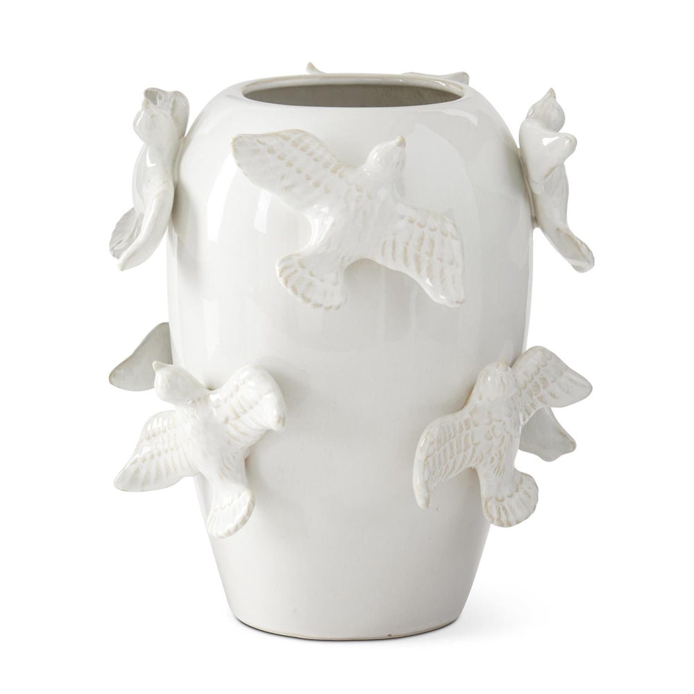 Modern white ceramic vase with 3D flying bird sculptures, elegant minimalist home decor.