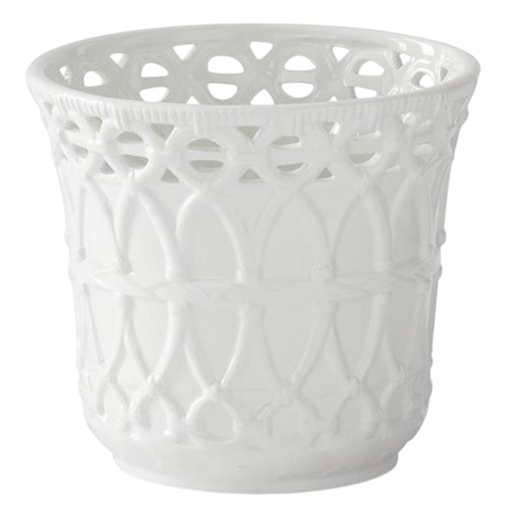 White ceramic planter with open basket-weave lattice design and glossy finish for home decor.