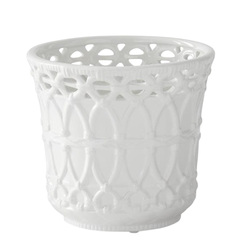 White ceramic basket weave embossed medium plant pot with decorative lattice rim and glossy finish.