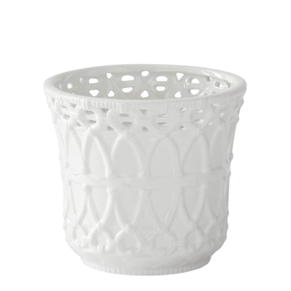 Small white ceramic lattice plant pot with an intricate basket weave cutout design and a glossy finish.