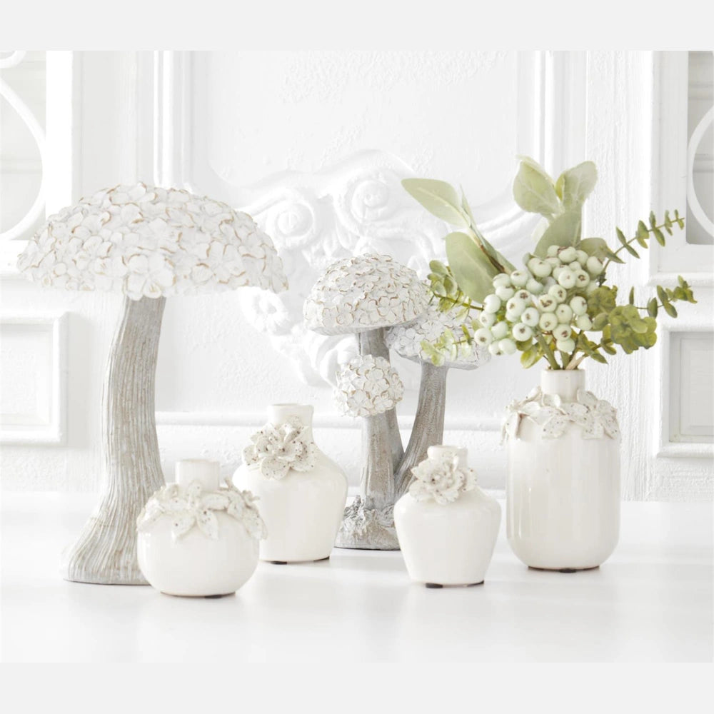 White Ceramic Vases with Raised Flowers