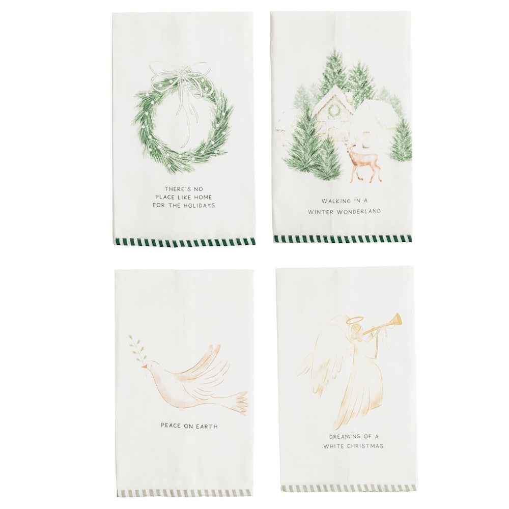 Set of four white holiday towels featuring delicate Christmas illustrations and festive quotes.