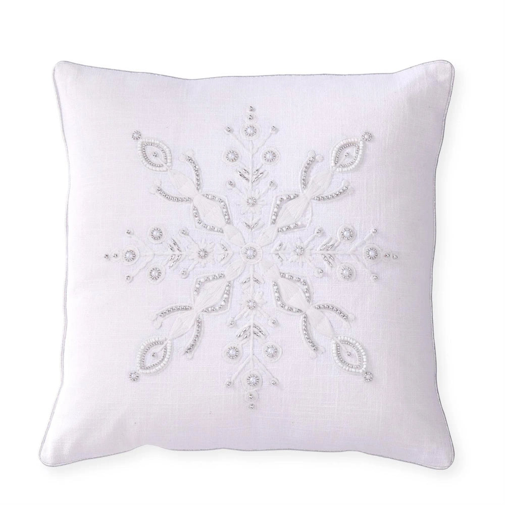 White Cotton Pillow with Silver Piping & Beaded Snowflake