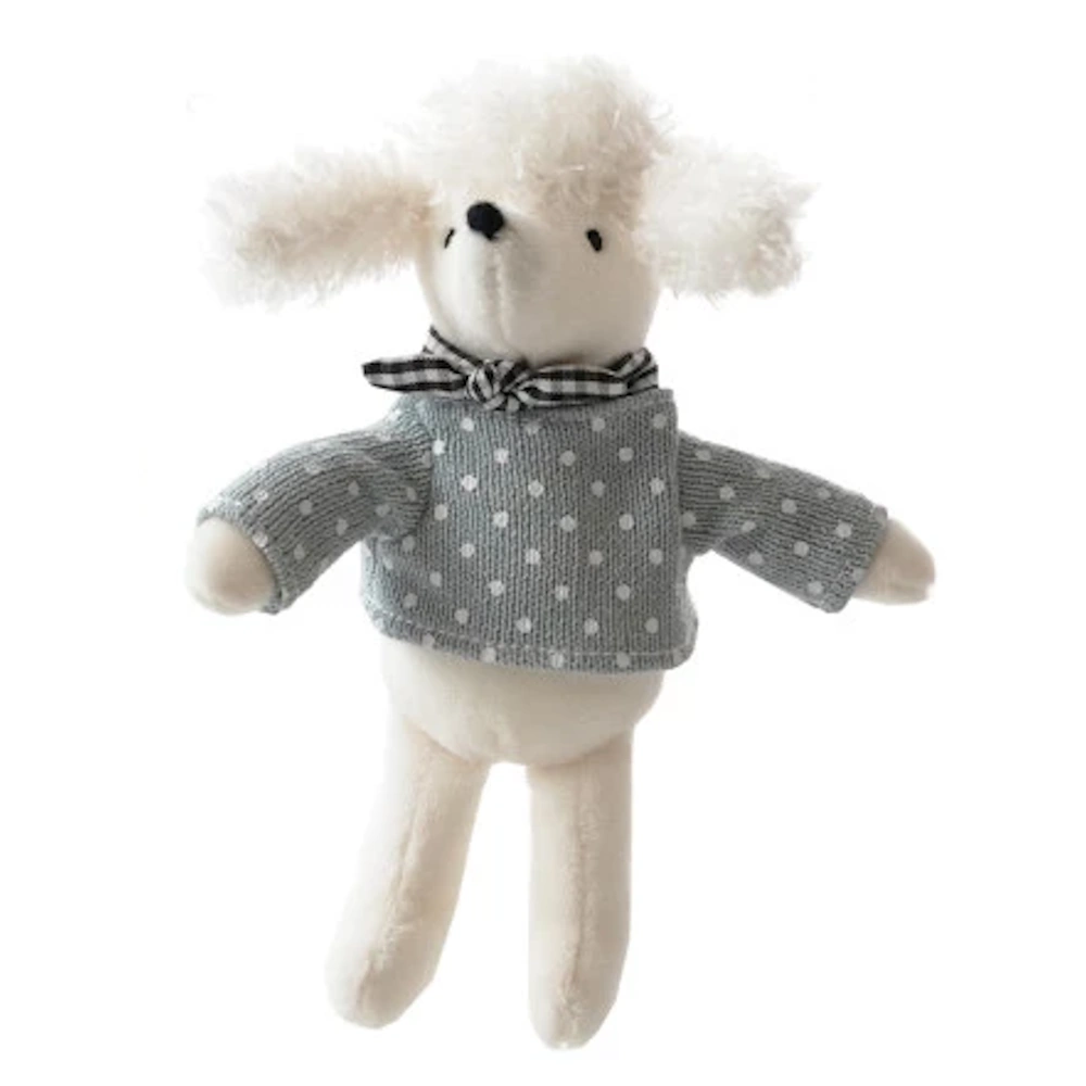 White plush poodle doll wearing a gray polka dot sweater and a black checkered bow tie on a white background.