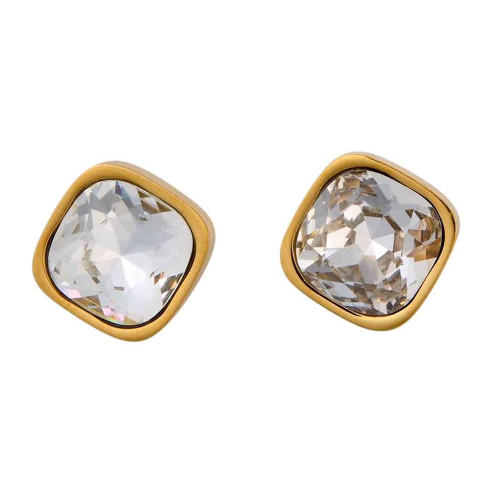 Pair of square cushion-cut clear crystal stud earrings set in gold bezels on a white background.
