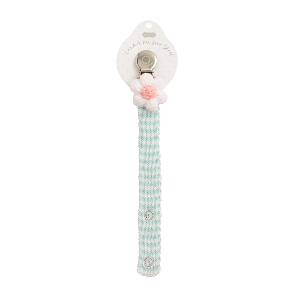 White crochet pacifier clip with flower detail and mint striped strap by Mud Pie.