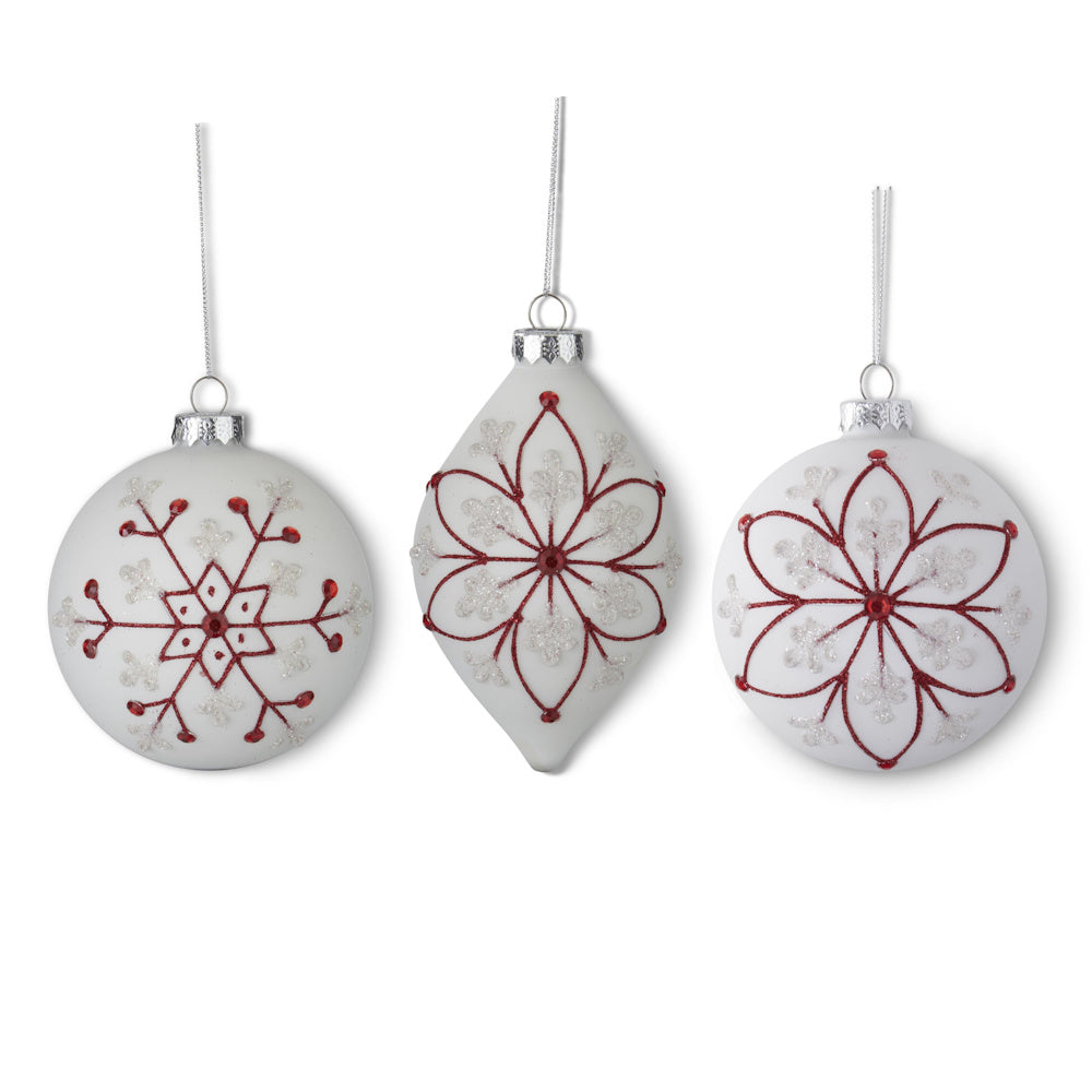 White Glass Ornaments with Red Glitter Flowers — alternate view 2