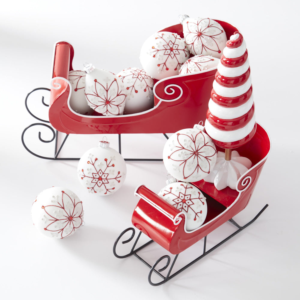White Glass Ornaments with Red Glitter Flowers