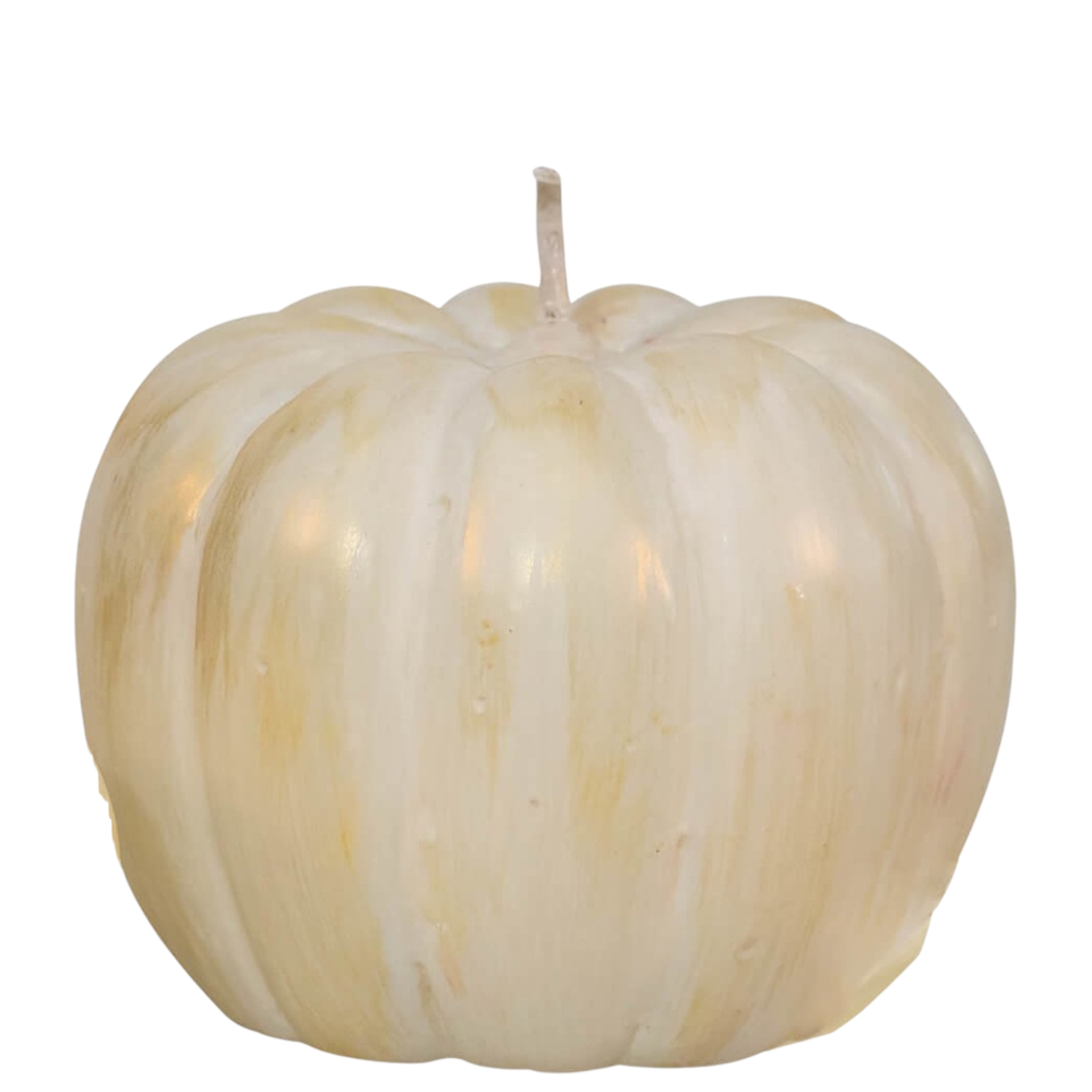 An off-white pumpkin-shaped candle with brushed gold accents on a white background.