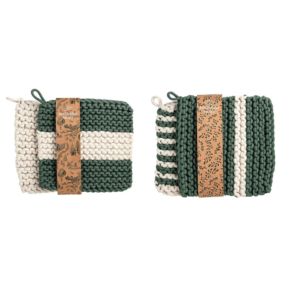 Two sets of woven pot holders in green, white, and dark green stripes, wrapped with branded paper bands.