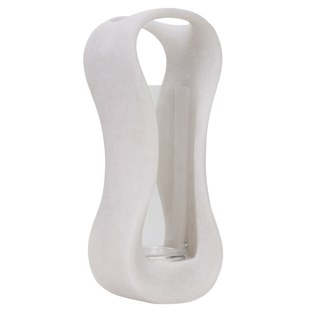 Modern white marble hurricane candle holder with an organic, sculpted silhouette and a clear glass insert.