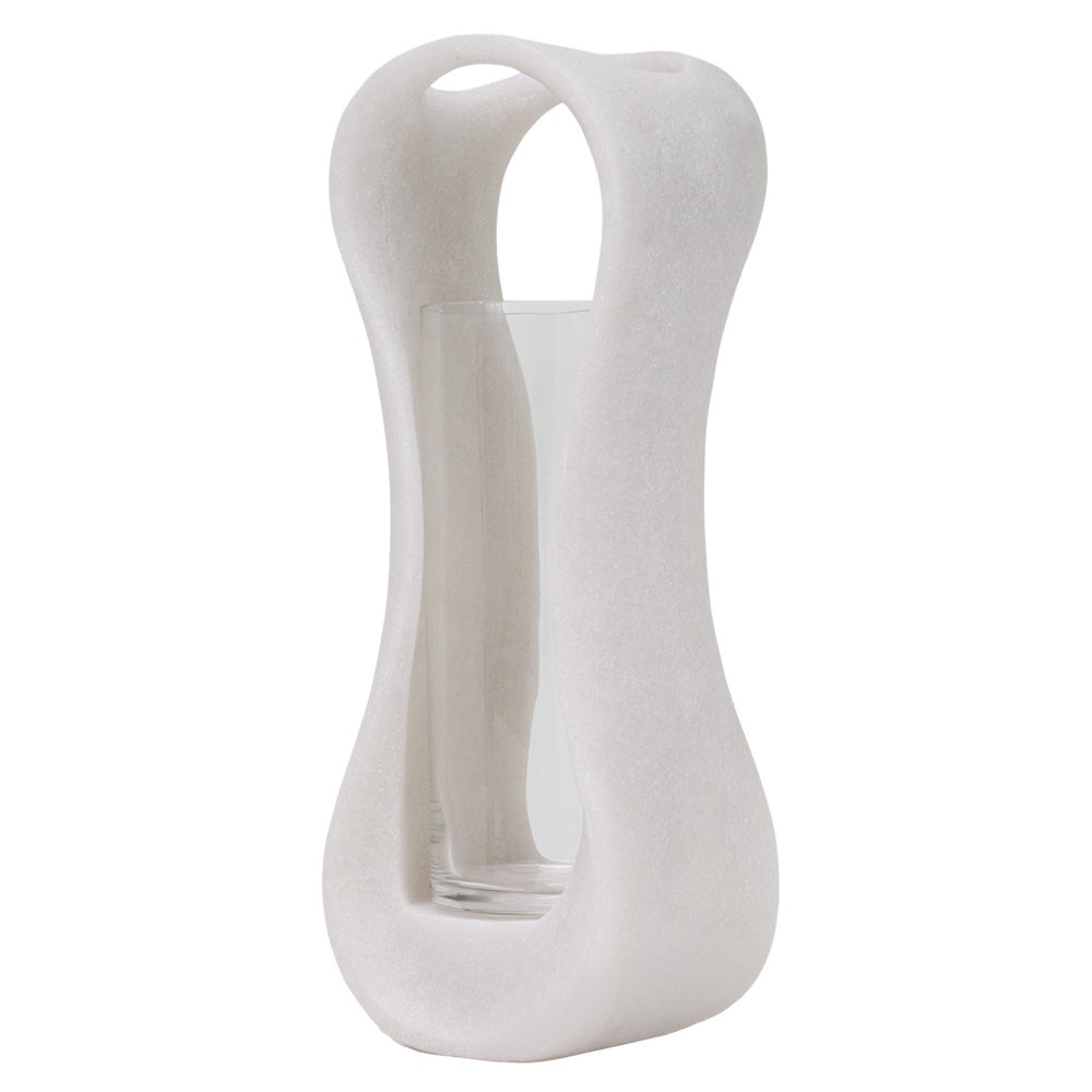 Modern white Lestro marble hurricane candle holder with a curved, organic shape and clear glass insert on a white background.