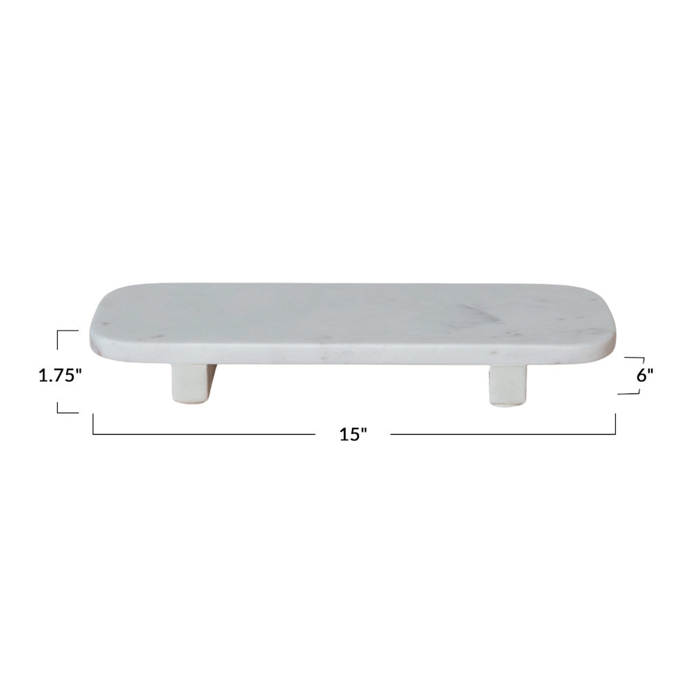 White marble pedestal tray with dimensions: 1.75 inches high, 15 inches wide, and 6 inches deep.