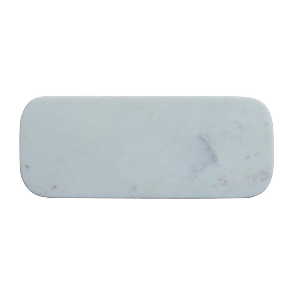 Top view of a rectangular white marble tray with rounded corners, showing subtle gray and beige veining.