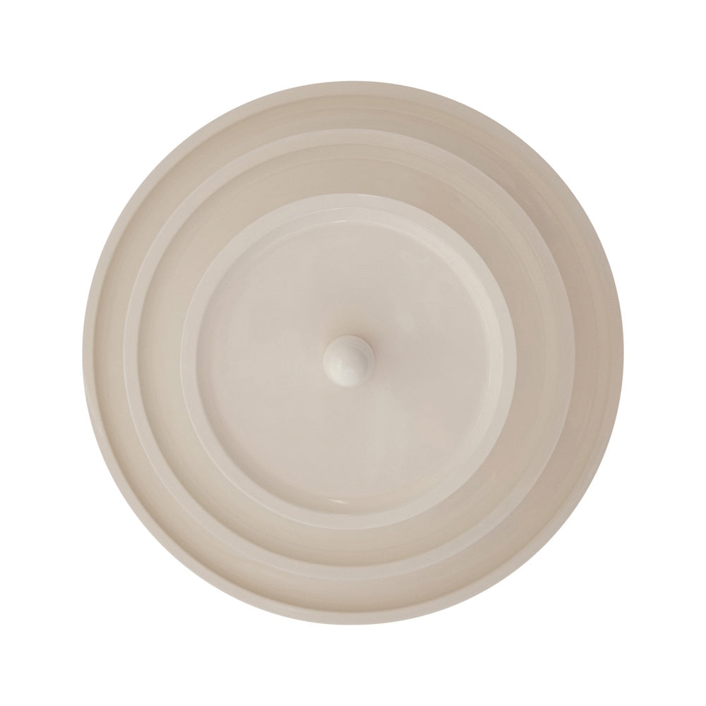 Top-down view of a cream-colored, round three-tier lacquered tray with a central knob on a white background.