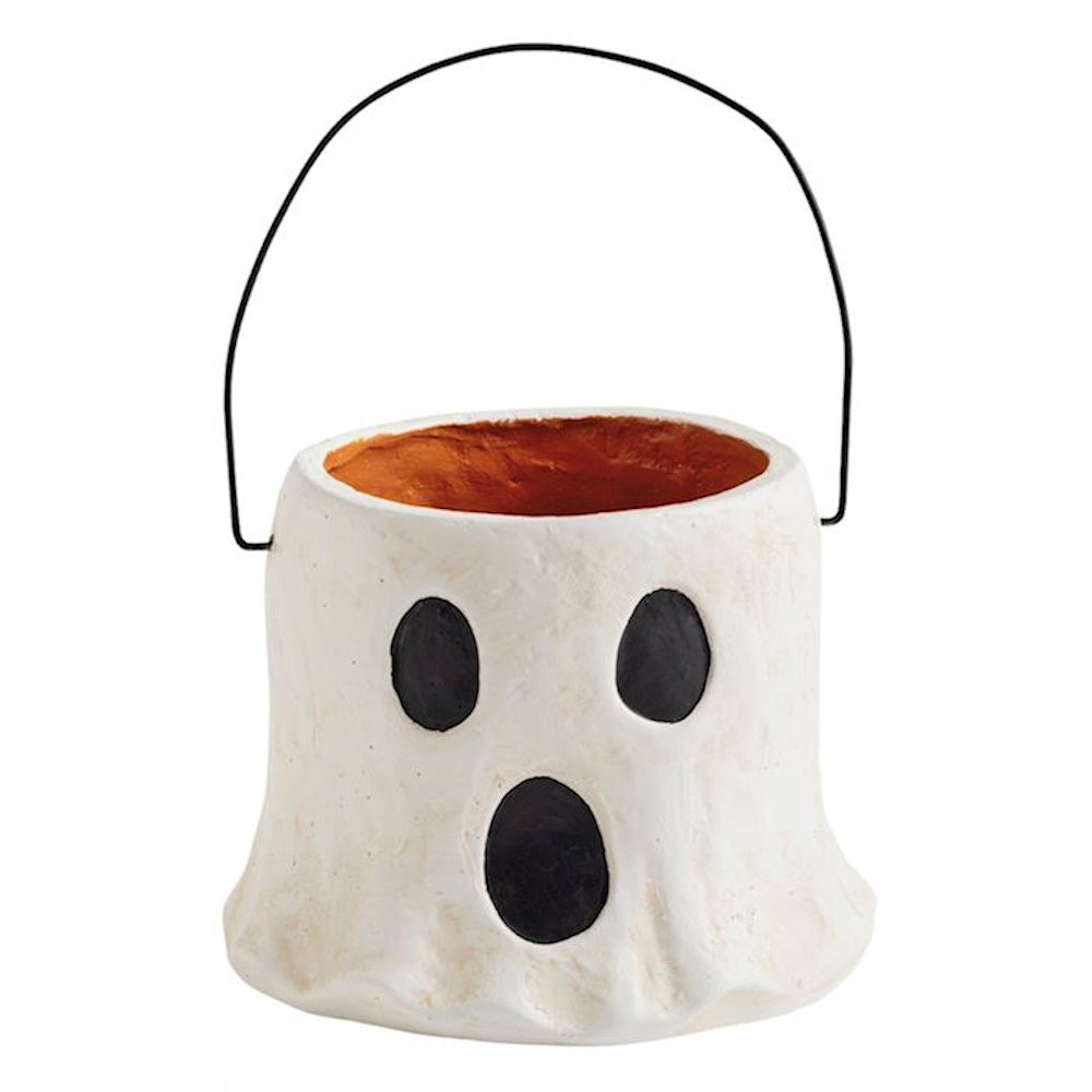 Ghost papier-mâché Halloween bucket with a black wire handle.