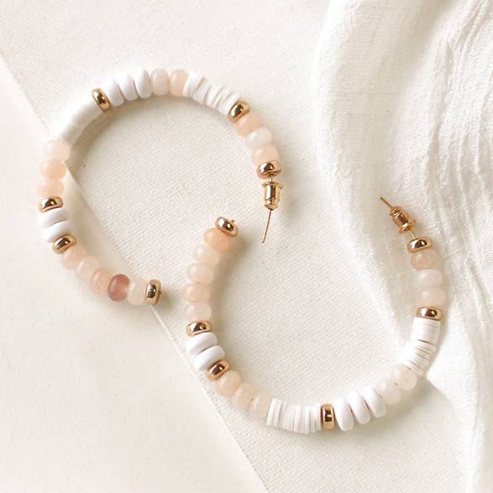 White & Pink Crystal Beads Hoop Earrings