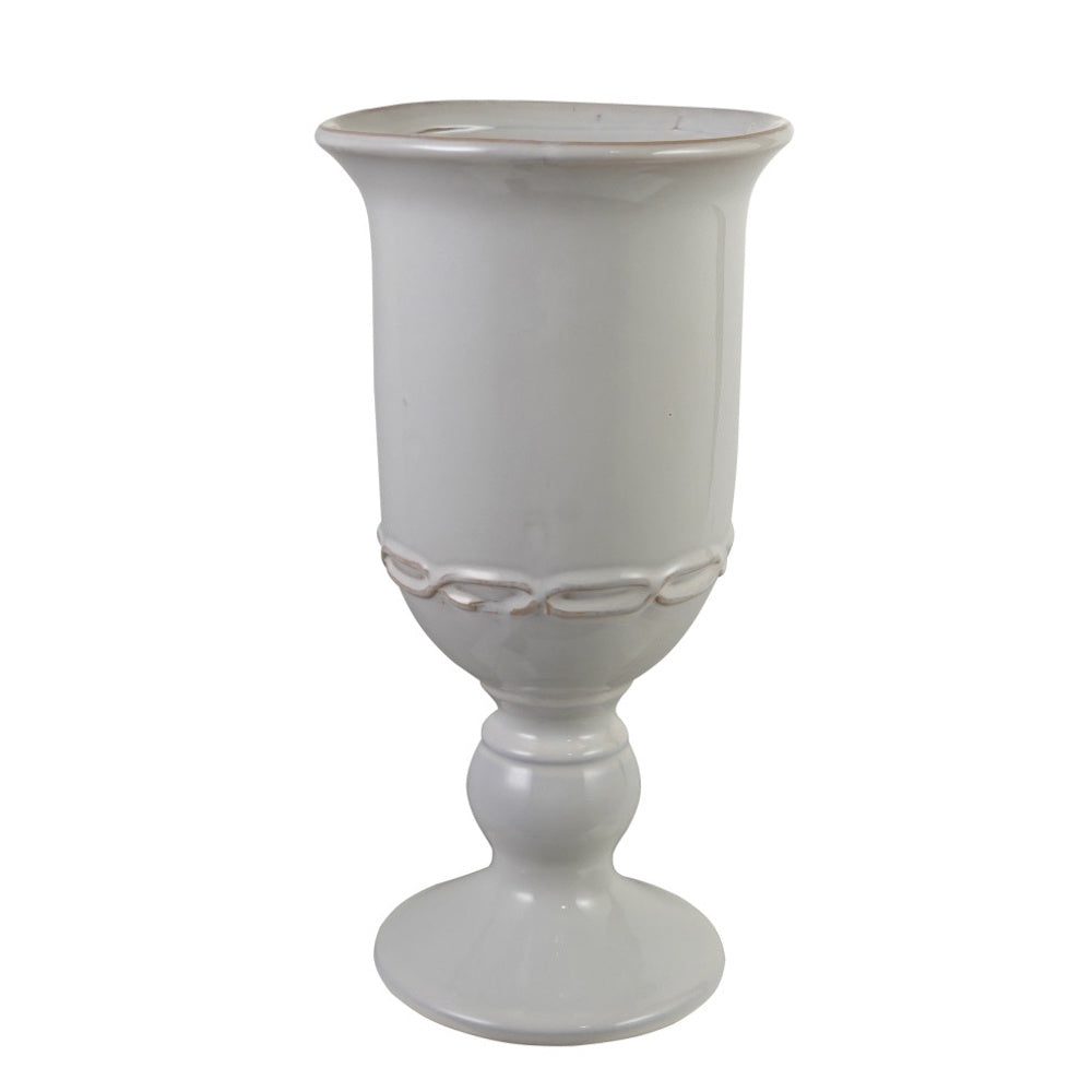 White glazed stoneware chalice urn with a flared rim and decorative chain motif on a pedestal base.