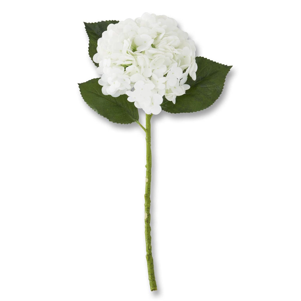 Single white real touch hydrangea stem with green leaves on a white background.
