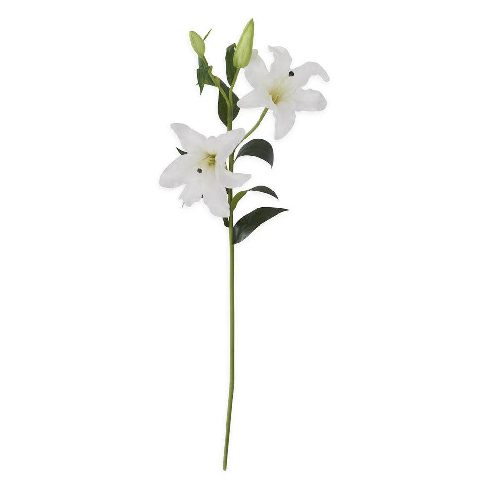 Elegant white artificial lily stem with two open blooms and green buds for home decor and floral arrangements.