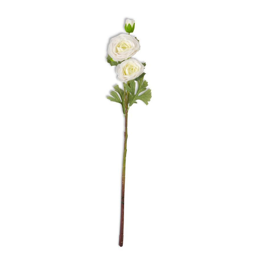 White real-touch triple bloom ranunculus stem with two open flowers and one bud on a single long stem with green leaves.
