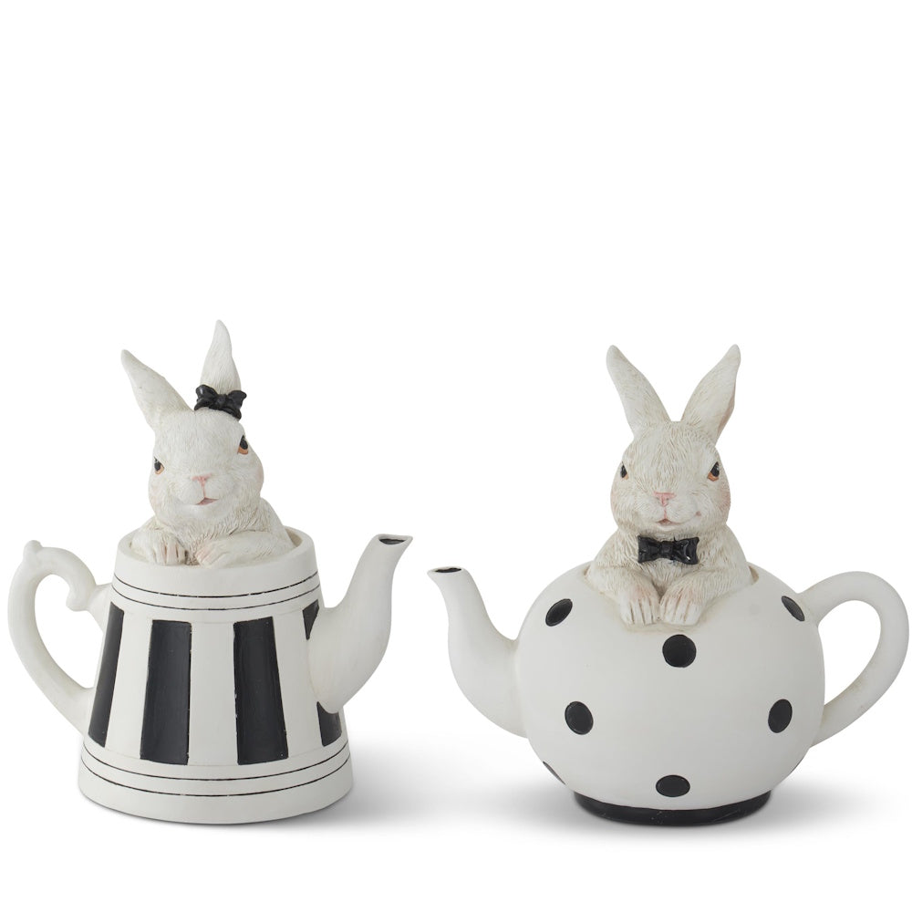 White Resin Bunnies in Black & White Teapots