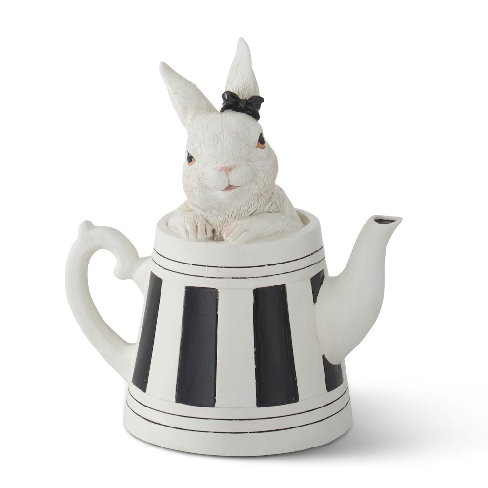 White Resin Bunnies in Black & White Teapots — alternate view 3