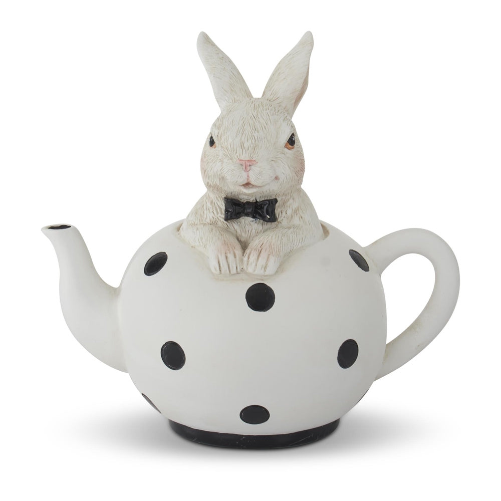 White Resin Bunnies in Black & White Teapots — alternate view 2