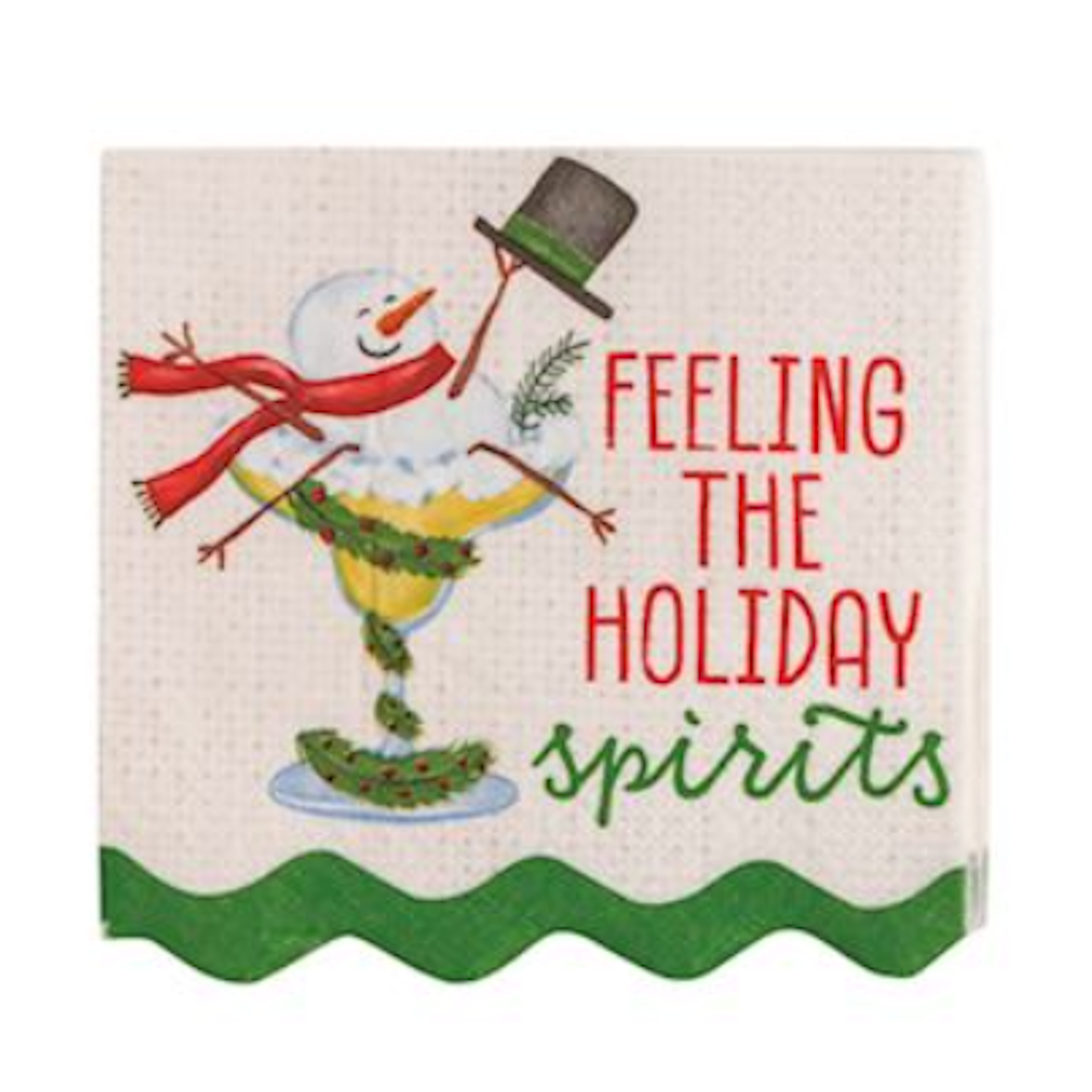 White napkin reading "Feeling the holiday spirits" beside a snowman melting in a margarita glass.