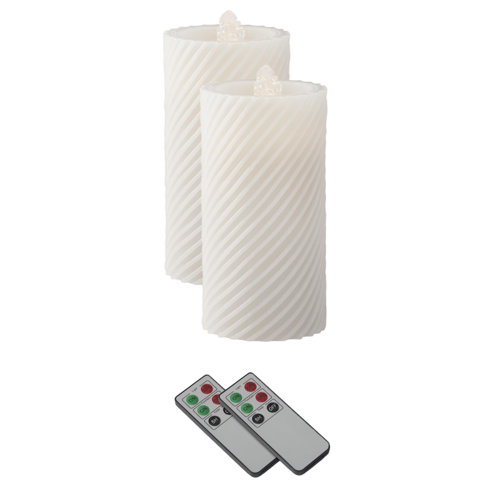 Two white spiral LED wax pillar water candles with flame-like water features and two remote controls on a white background.