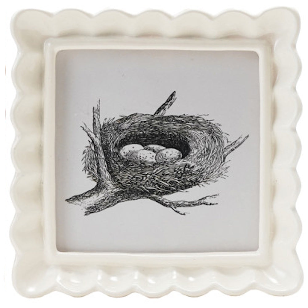 Square white scalloped resin picture frame displaying a vintage black and white bird nest and eggs sketch.